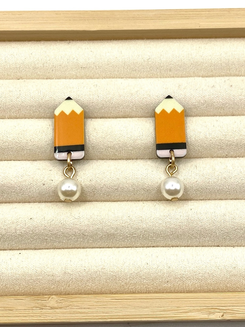 Plunder Design "Sharp Minds" Pencil with a Pearl Drop Earrings NWT